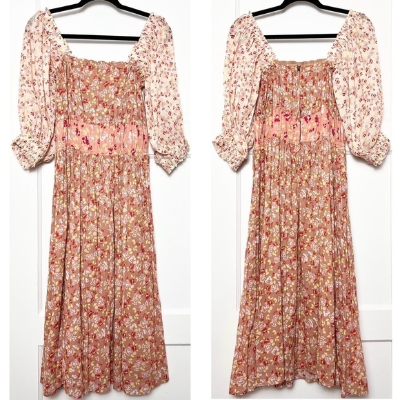 APIECE APART Floral Puff Sleeve Square Neck Smocked Waist Midi Prairie Dress 0 - Picture 3 of 5